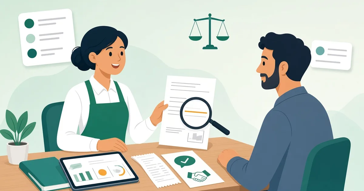 فروشنده و مشتری در حال بررسی آرام یک ردیف از فاکتور با ذرهبین و مدارک، برای حل اختلاف